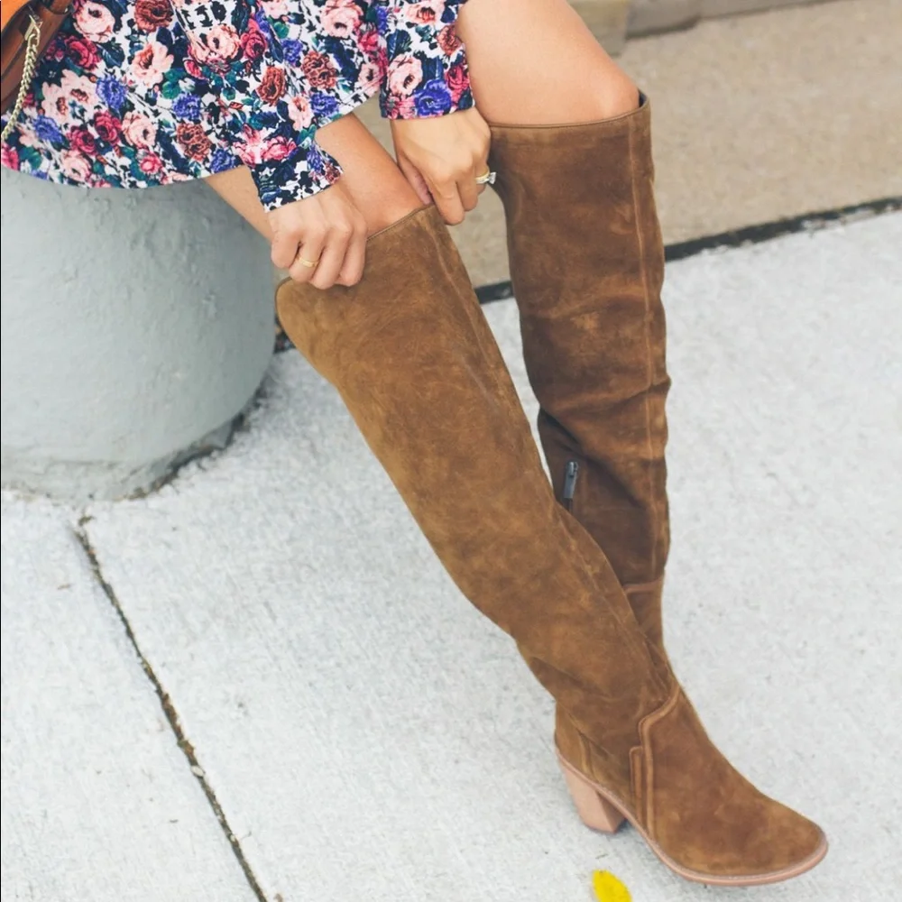Tall Brown Suede Block Heel Women's Boots